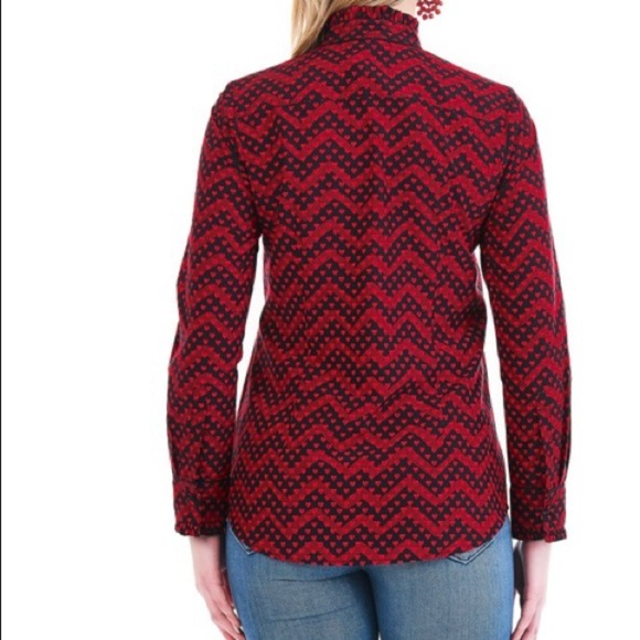 Eshakti Size 1x Chevron Red Heart Print Crepe Ruffle Black Trim Shirt - Picture 2 of 16